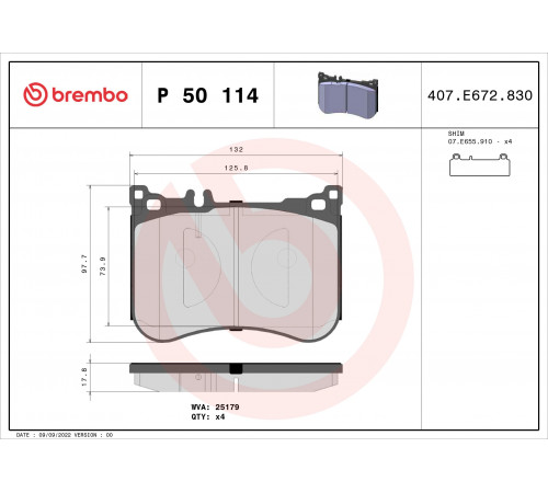 Комплект гальмівних накладок, дискове гальмо P 50 114 BREMBO