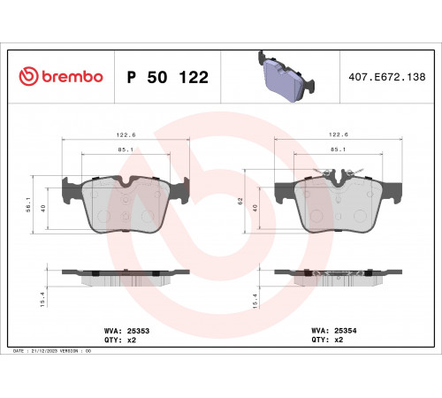 Комплект гальмівних накладок, дискове гальмо P 50 122 BREMBO