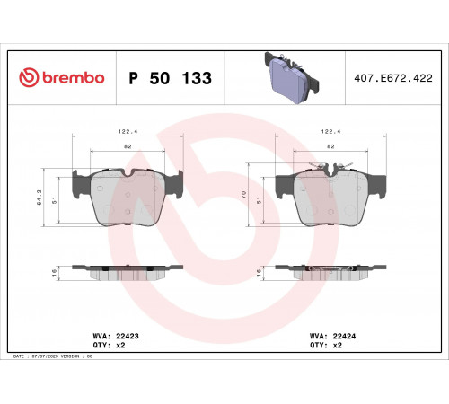 Комплект гальмівних накладок, дискове гальмо P 50 133 BREMBO