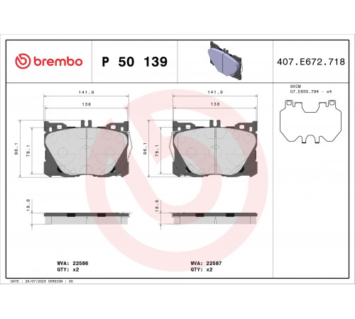 Комплект гальмівних накладок, дискове гальмо P 50 139 BREMBO