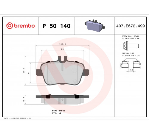 Комплект гальмівних накладок, дискове гальмо P 50 140 BREMBO