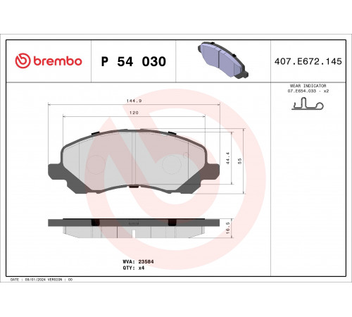 Комплект гальмівних накладок, дискове гальмо P 54 030 BREMBO