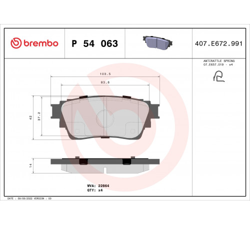 Комплект гальмівних накладок, дискове гальмо P 54 063 BREMBO