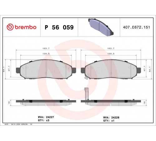 Комплект гальмівних накладок, дискове гальмо P 56 059 BREMBO