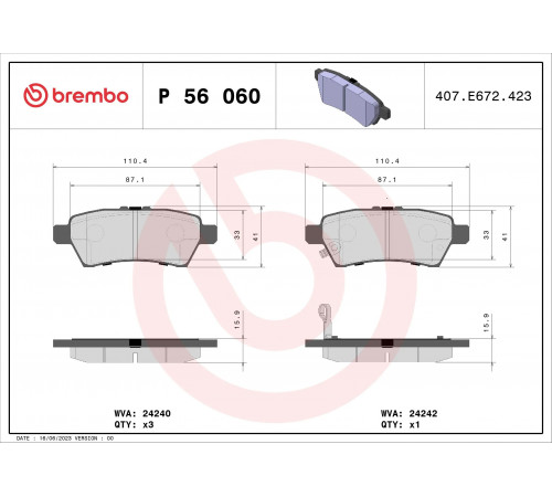 Комплект гальмівних накладок, дискове гальмо P 56 060 BREMBO