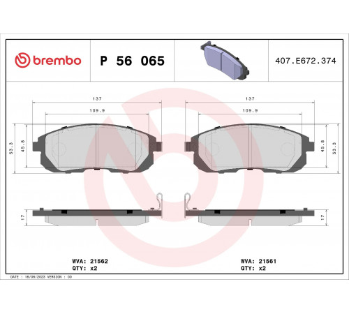Комплект гальмівних накладок, дискове гальмо P 56 065 BREMBO