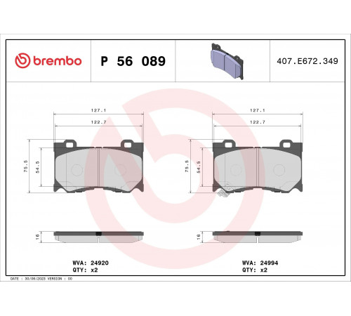 Комплект гальмівних накладок, дискове гальмо P 56 089 BREMBO