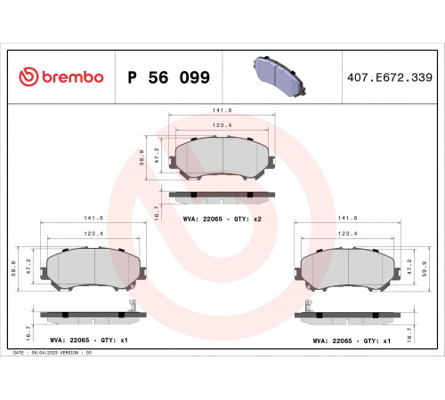 Комплект гальмівних накладок, дискове гальмо P 56 099 BREMBO