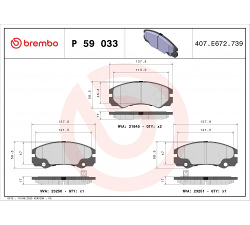 Комплект гальмівних накладок, дискове гальмо P 59 033 BREMBO