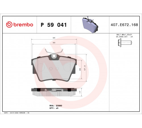 Комплект гальмівних накладок, дискове гальмо P 59 041 BREMBO