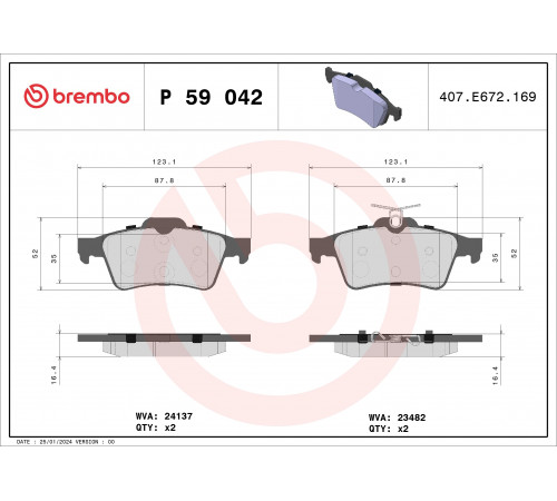 Комплект гальмівних накладок, дискове гальмо P 59 042 BREMBO
