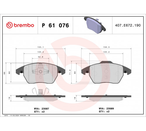 Комплект гальмівних накладок, дискове гальмо P 61 076 BREMBO