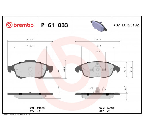 Комплект гальмівних накладок, дискове гальмо P 61 083 BREMBO