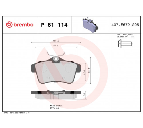 Комплект гальмівних накладок, дискове гальмо P 61 114 BREMBO