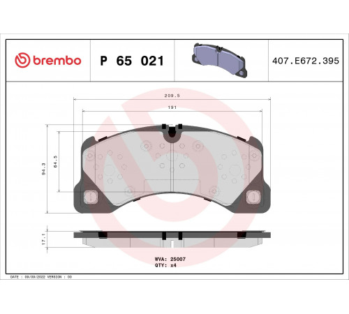 Комплект гальмівних накладок, дискове гальмо P 65 021 BREMBO