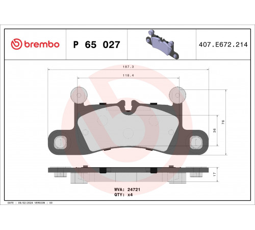 Комплект гальмівних накладок, дискове гальмо P 65 027 BREMBO