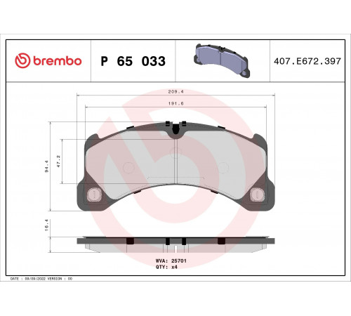 Комплект гальмівних накладок, дискове гальмо P 65 033 BREMBO