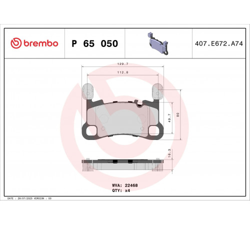 Комплект гальмівних накладок, дискове гальмо P 65 050 BREMBO