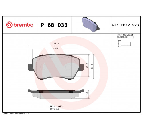 Комплект гальмівних накладок, дискове гальмо P 68 033 BREMBO