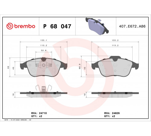 Комплект гальмівних накладок, дискове гальмо P 68 047 BREMBO