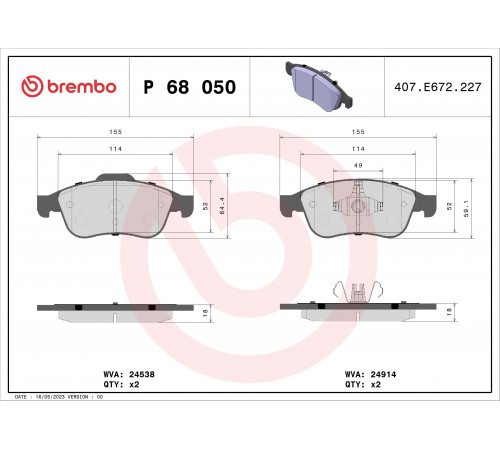 Комплект гальмівних накладок, дискове гальмо P 68 050 BREMBO