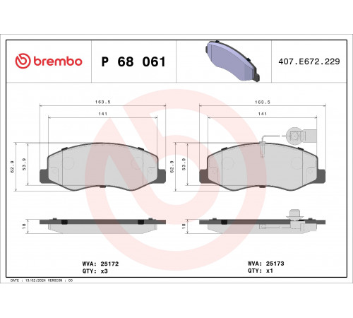 Комплект гальмівних накладок, дискове гальмо P 68 061 BREMBO