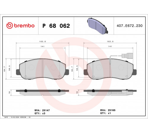 Комплект гальмівних накладок, дискове гальмо P 68 062 BREMBO