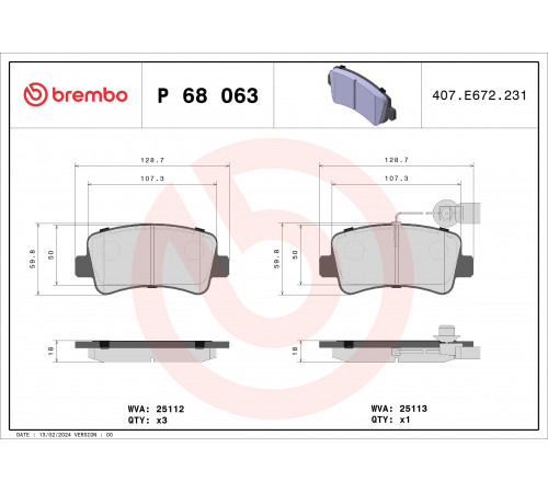 Комплект гальмівних накладок, дискове гальмо P 68 063 BREMBO