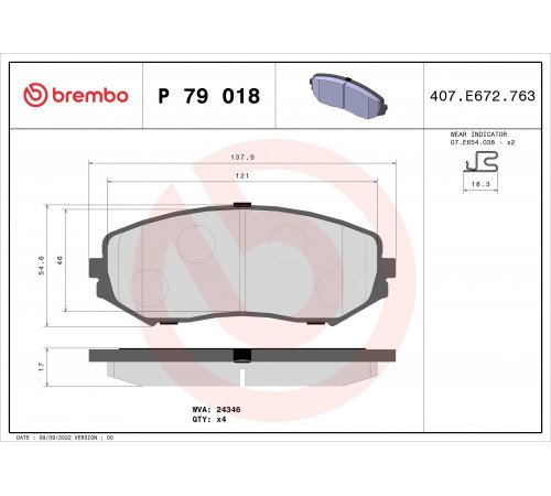 Комплект гальмівних накладок, дискове гальмо P 79 018 BREMBO