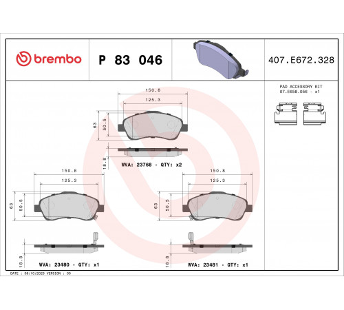 Комплект гальмівних накладок, дискове гальмо P 83 046 BREMBO