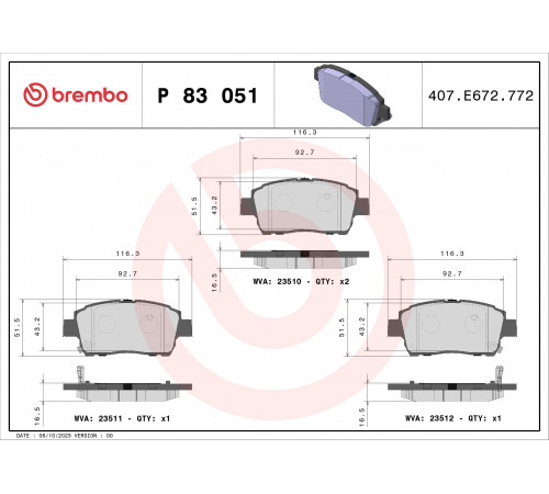 Комплект гальмівних накладок, дискове гальмо P 83 051 BREMBO