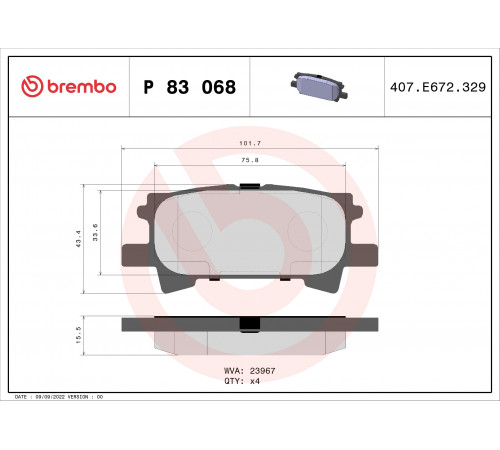 Комплект гальмівних накладок, дискове гальмо P 83 068 BREMBO