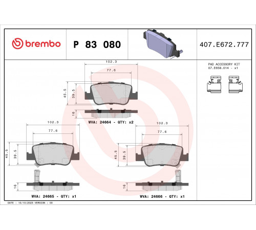 Комплект гальмівних накладок, дискове гальмо P 83 080 BREMBO