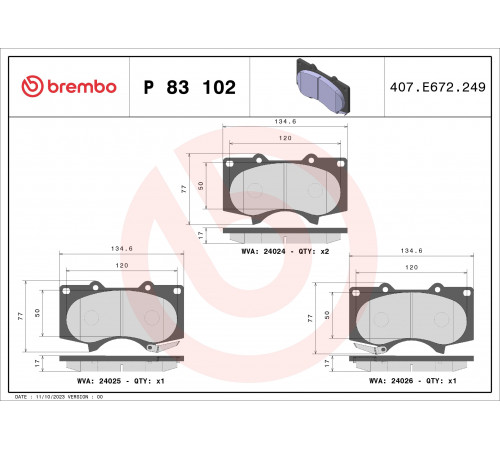 Комплект гальмівних накладок, дискове гальмо P 83 102 BREMBO