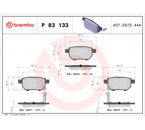 Комплект гальмівних накладок, дискове гальмо P 83 133 BREMBO