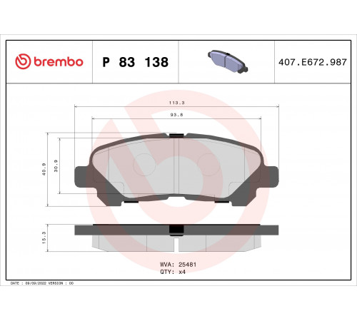 Комплект гальмівних накладок, дискове гальмо P 83 138 BREMBO