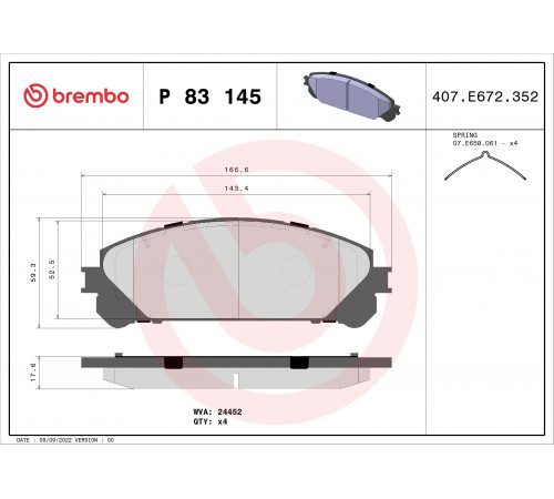 Комплект гальмівних накладок, дискове гальмо P 83 145 BREMBO