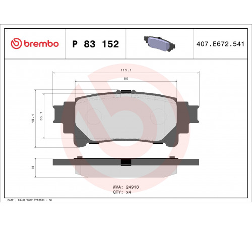 Комплект гальмівних накладок, дискове гальмо P 83 152 BREMBO