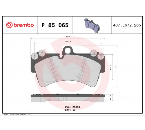Комплект гальмівних накладок, дискове гальмо P 85 065 BREMBO
