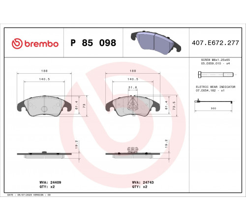 Комплект гальмівних накладок, дискове гальмо P 85 098 BREMBO