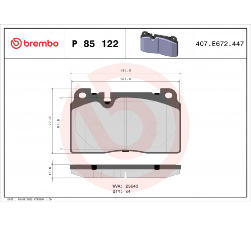 Комплект гальмівних накладок, дискове гальмо P 85 122 BREMBO