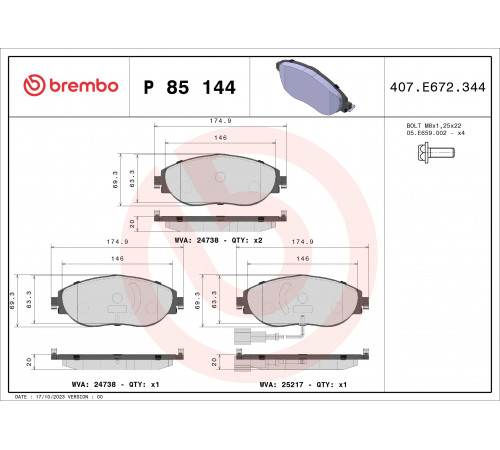 Комплект гальмівних накладок, дискове гальмо P 85 144 BREMBO