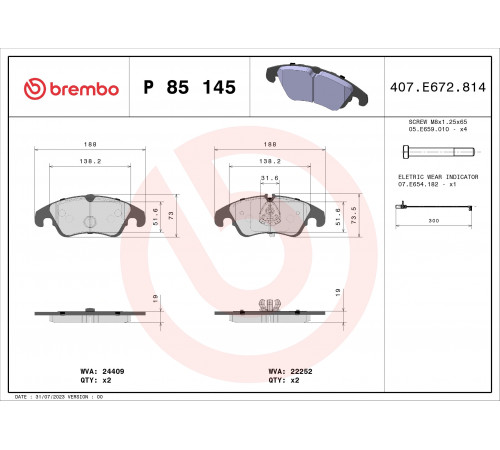 Комплект гальмівних накладок, дискове гальмо P 85 145 BREMBO