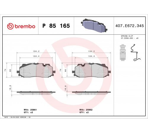 Комплект гальмівних накладок, дискове гальмо P 85 165 BREMBO