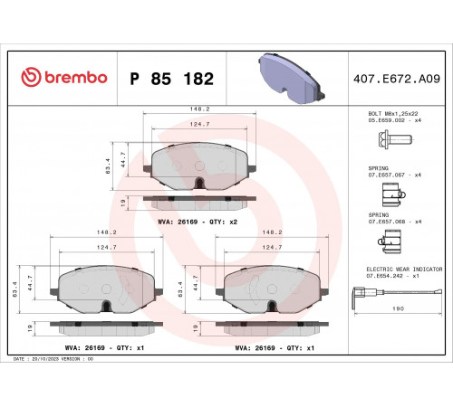 Комплект гальмівних накладок, дискове гальмо P 85 182 BREMBO