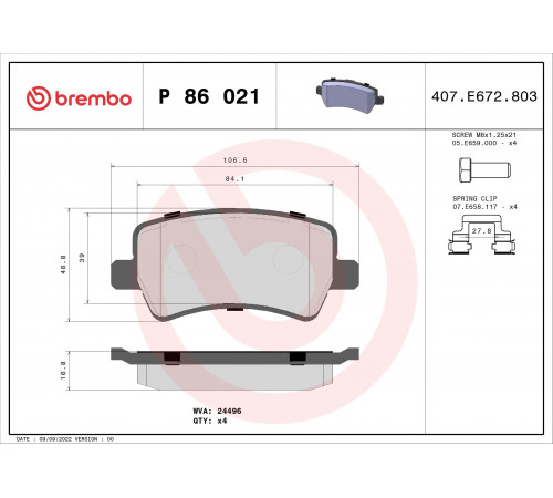 Комплект гальмівних накладок, дискове гальмо P 86 021 BREMBO