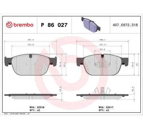 Комплект гальмівних накладок, дискове гальмо P 86 027 BREMBO